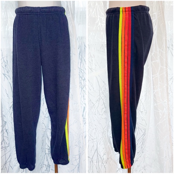 Aviator Nation Pants - AVIATOR NATION NAVY BLUE YELLOW ORANGE RED 5 STRIPE ELASTIC WAIST SWEATPANTS